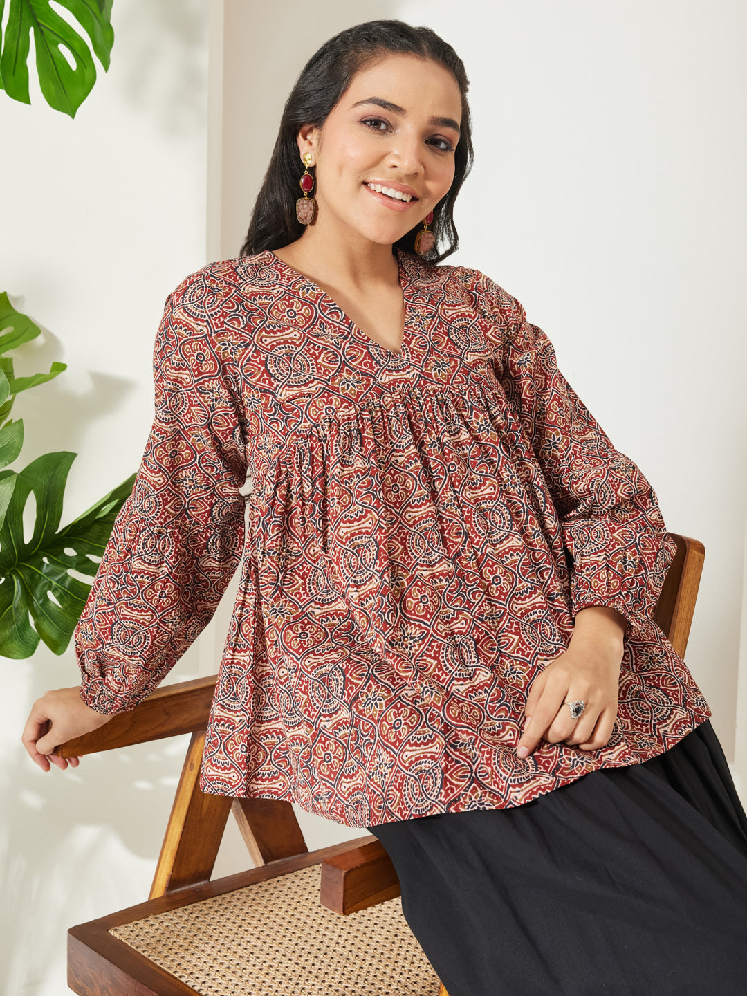 Janasya Red Peplum Cotton Top - Dista