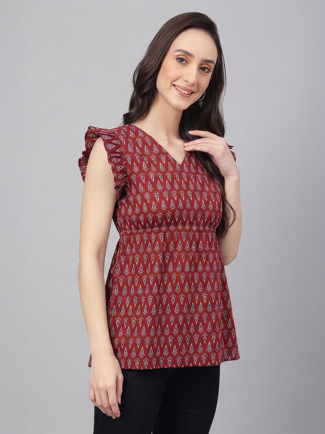 Janasya Maroon Peplum Cotton Top - Dista