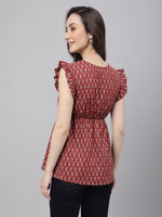 Thumbnail for Janasya Maroon Peplum Cotton Top - Dista