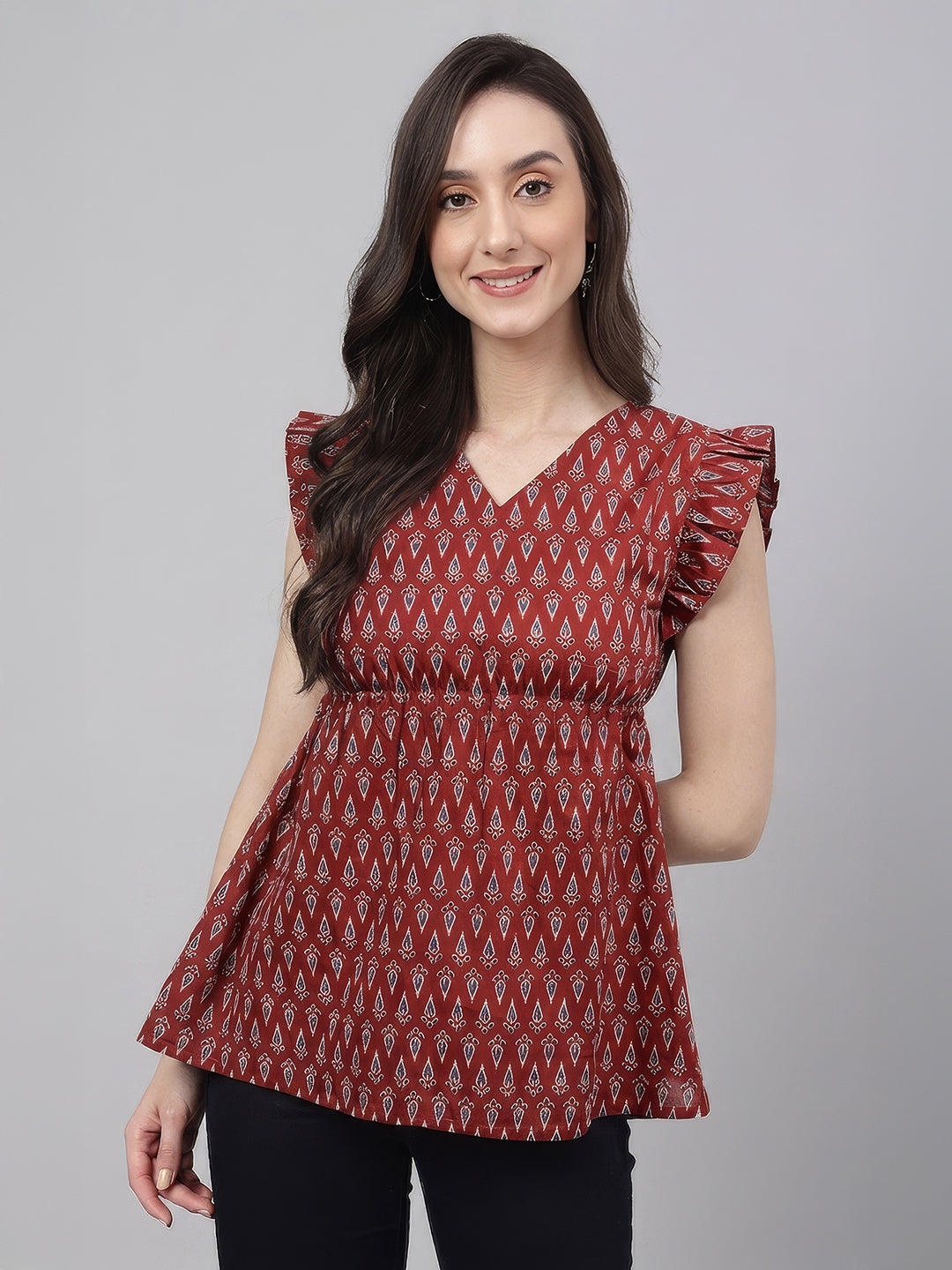 Janasya Maroon Peplum Cotton Top - Dista