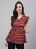 Thumbnail for Janasya Maroon Peplum Cotton Top - Dista