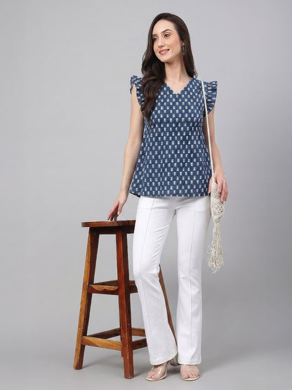 Janasya Indigo Fit & Flare Cotton Top - Dista