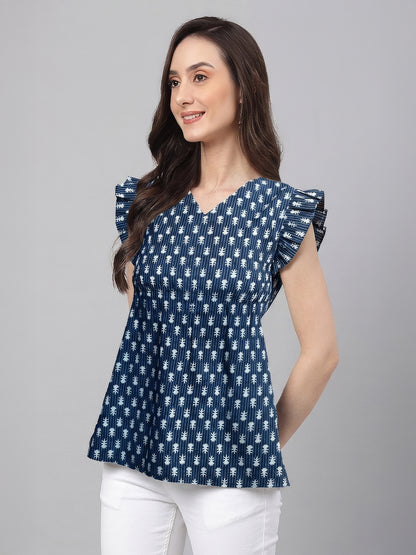Janasya Indigo Fit & Flare Cotton Top - Dista