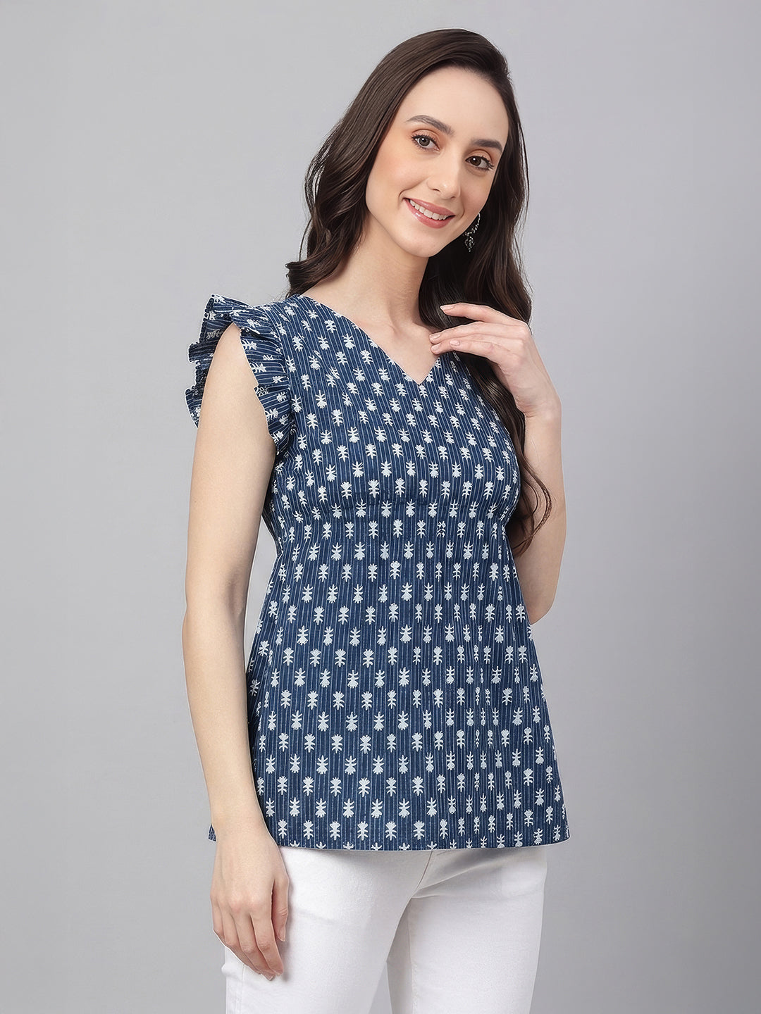 Janasya Indigo Fit & Flare Cotton Top - Dista