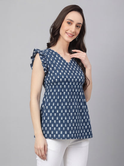 Janasya Indigo Fit & Flare Cotton Top - Dista