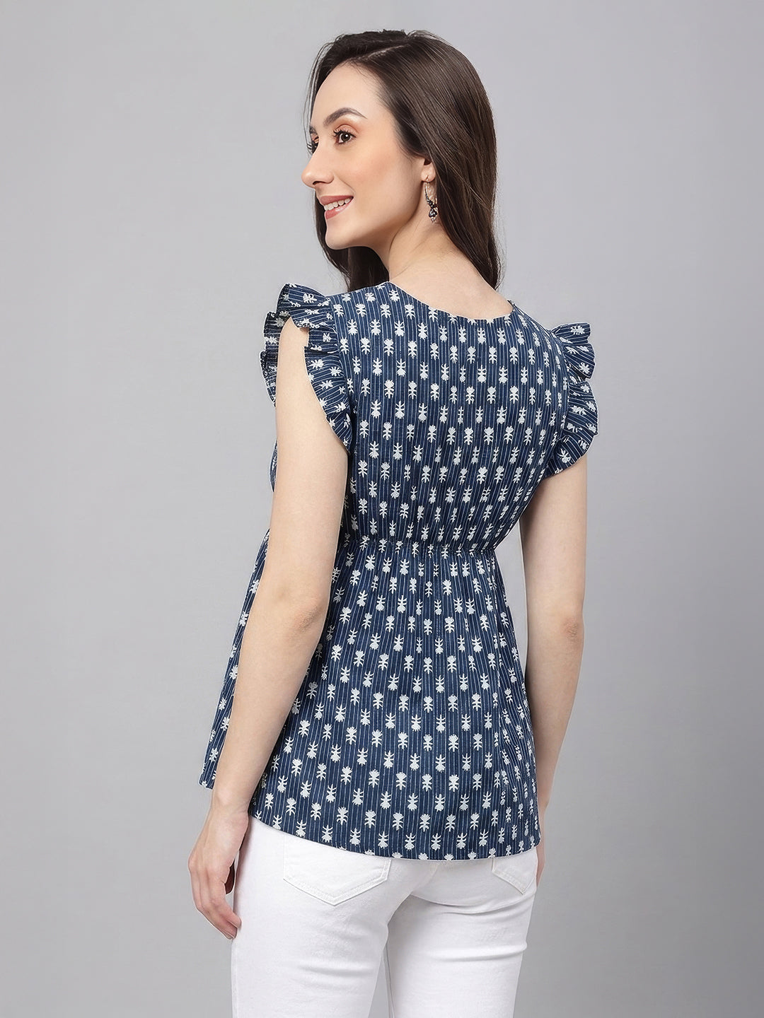 Janasya Indigo Fit & Flare Cotton Top - Dista