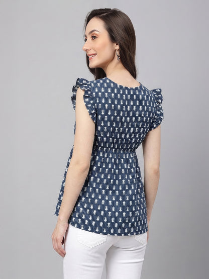 Janasya Indigo Fit & Flare Cotton Top - Dista