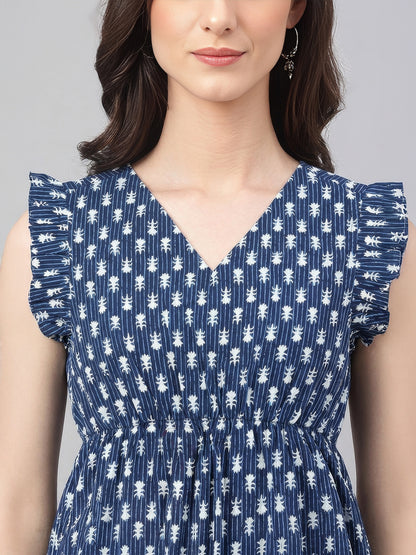 Janasya Indigo Fit & Flare Cotton Top - Dista