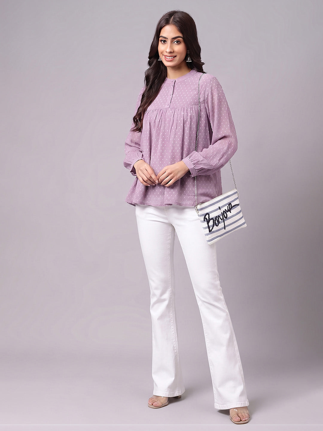Janasya Lavender Gathered Dobby Chiffon Top - Dista