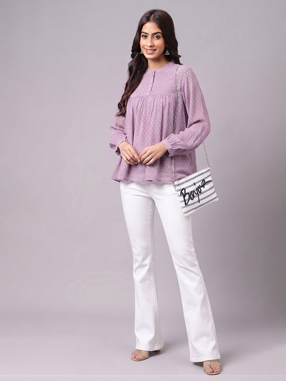 Janasya Lavender Gathered Dobby Chiffon Top - Dista