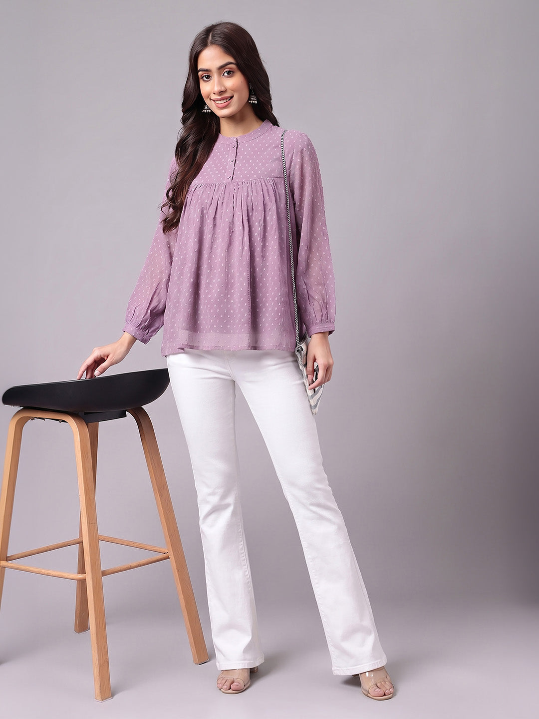 Janasya Lavender Gathered Dobby Chiffon Top - Dista