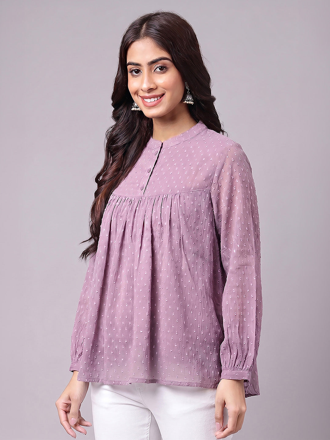 Janasya Lavender Gathered Dobby Chiffon Top - Dista