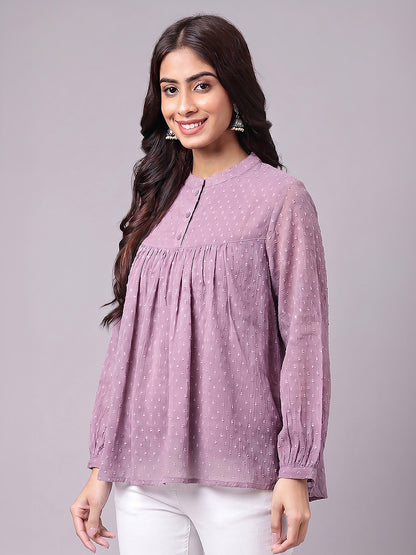 Janasya Lavender Gathered Dobby Chiffon Top - Dista