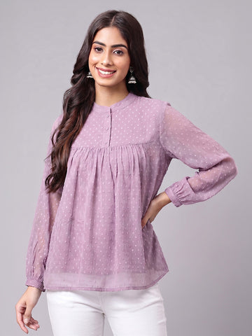 Janasya Lavender Gathered Dobby Chiffon Top - Dista