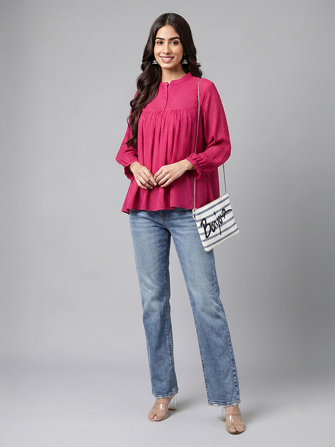 Janasya Magenta Gathered Dobby Chiffon Top - Dista