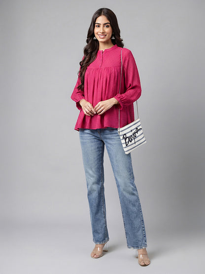 Janasya Magenta Gathered Dobby Chiffon Top - Dista