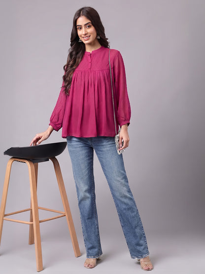 Janasya Magenta Gathered Dobby Chiffon Top - Dista