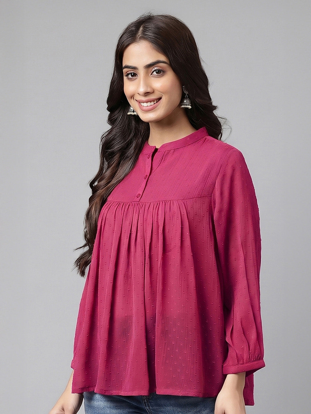 Janasya Magenta Gathered Dobby Chiffon Top - Dista