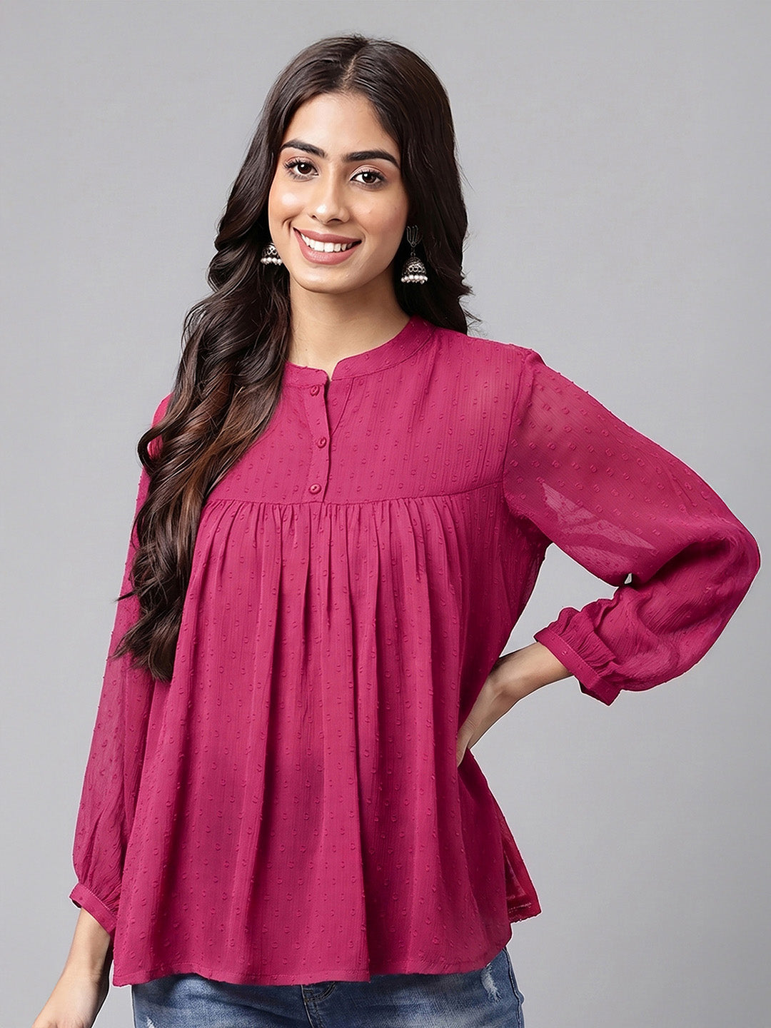 Janasya Magenta Gathered Dobby Chiffon Top - Dista