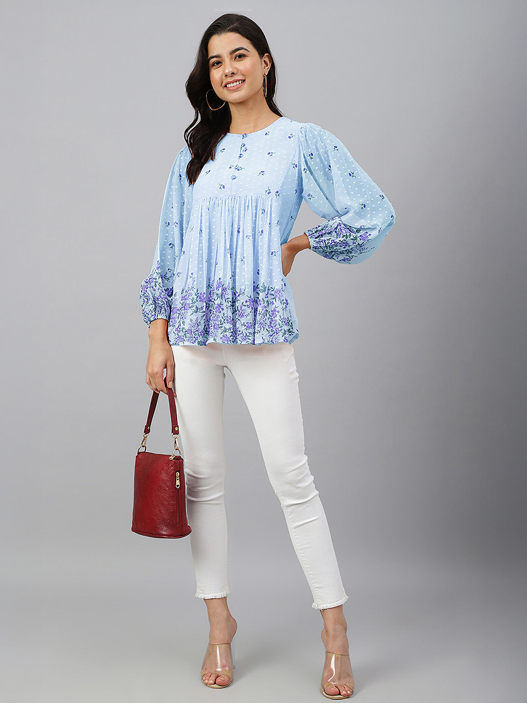 Janasya Sky Blue Gathered Dobby Georgette Top - Dista