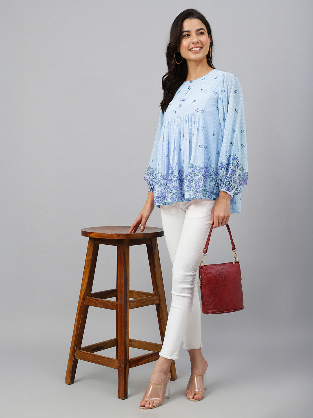 Janasya Sky Blue Gathered Dobby Georgette Top - Dista