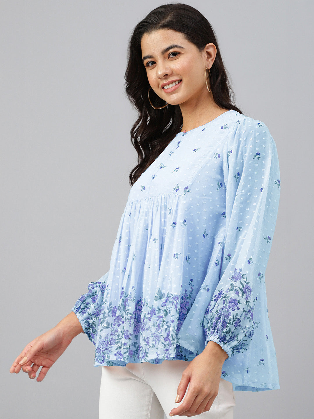 Janasya Sky Blue Gathered Dobby Georgette Top - Dista