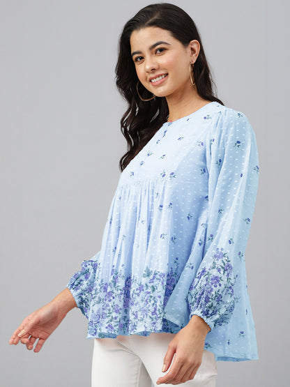Janasya Sky Blue Gathered Dobby Georgette Top - Dista