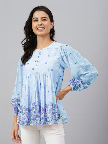 Janasya Sky Blue Gathered Dobby Georgette Top - Dista