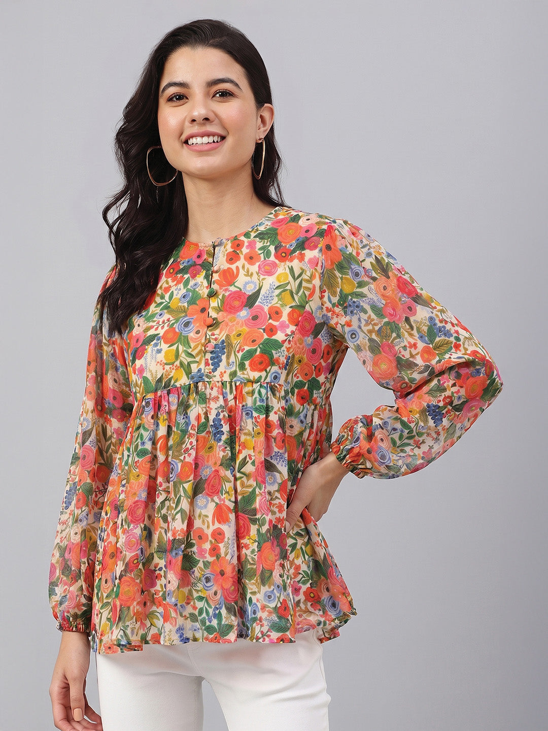 Janasya Multi A-Line Dobby Georgette Top - Dista