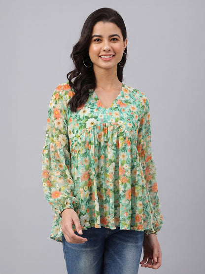 Janasya Green Gathered Georgette Top - Dista