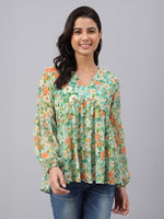 Thumbnail for Janasya Green Gathered Georgette Top - Dista