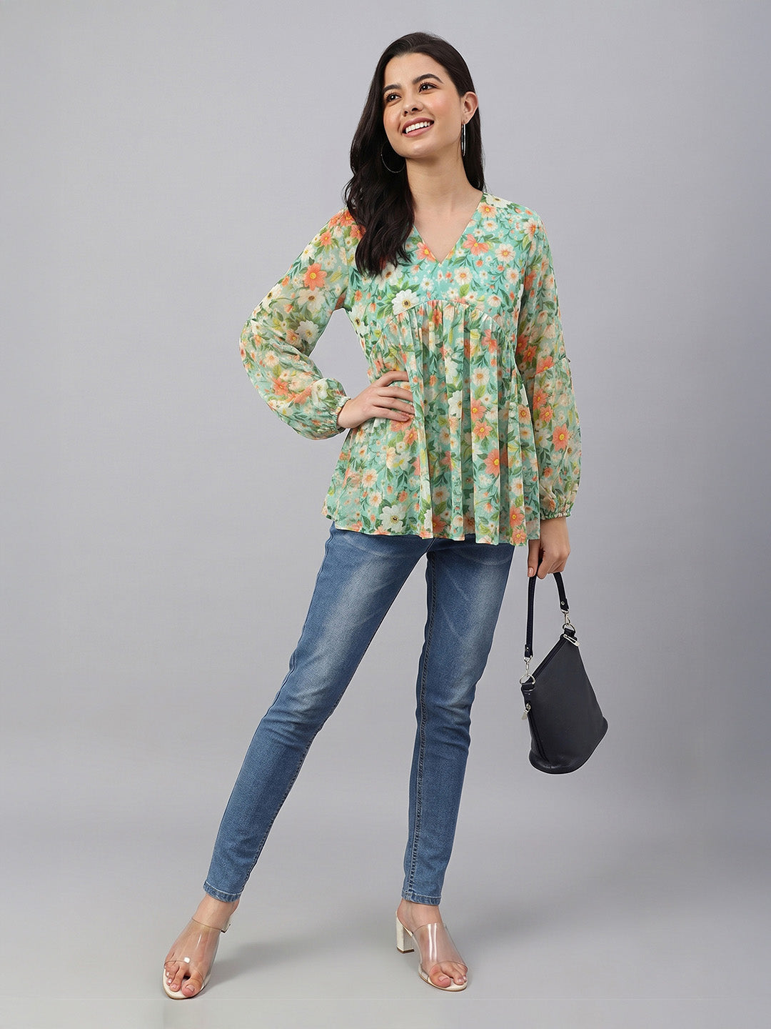 Janasya Green Gathered Georgette Top - Dista