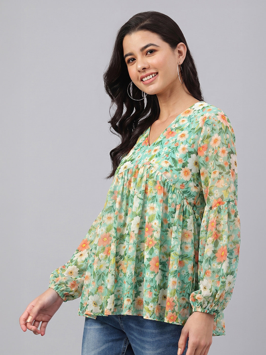 Janasya Green Gathered Georgette Top - Dista