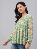 Thumbnail for Janasya Green Gathered Georgette Top - Dista
