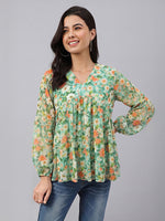 Thumbnail for Janasya Green Gathered Georgette Top - Dista