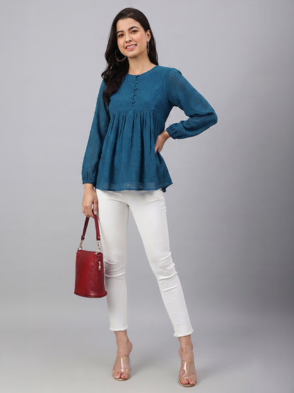 Janasya Teal Gathered Dobby Chiffon Top - Dista