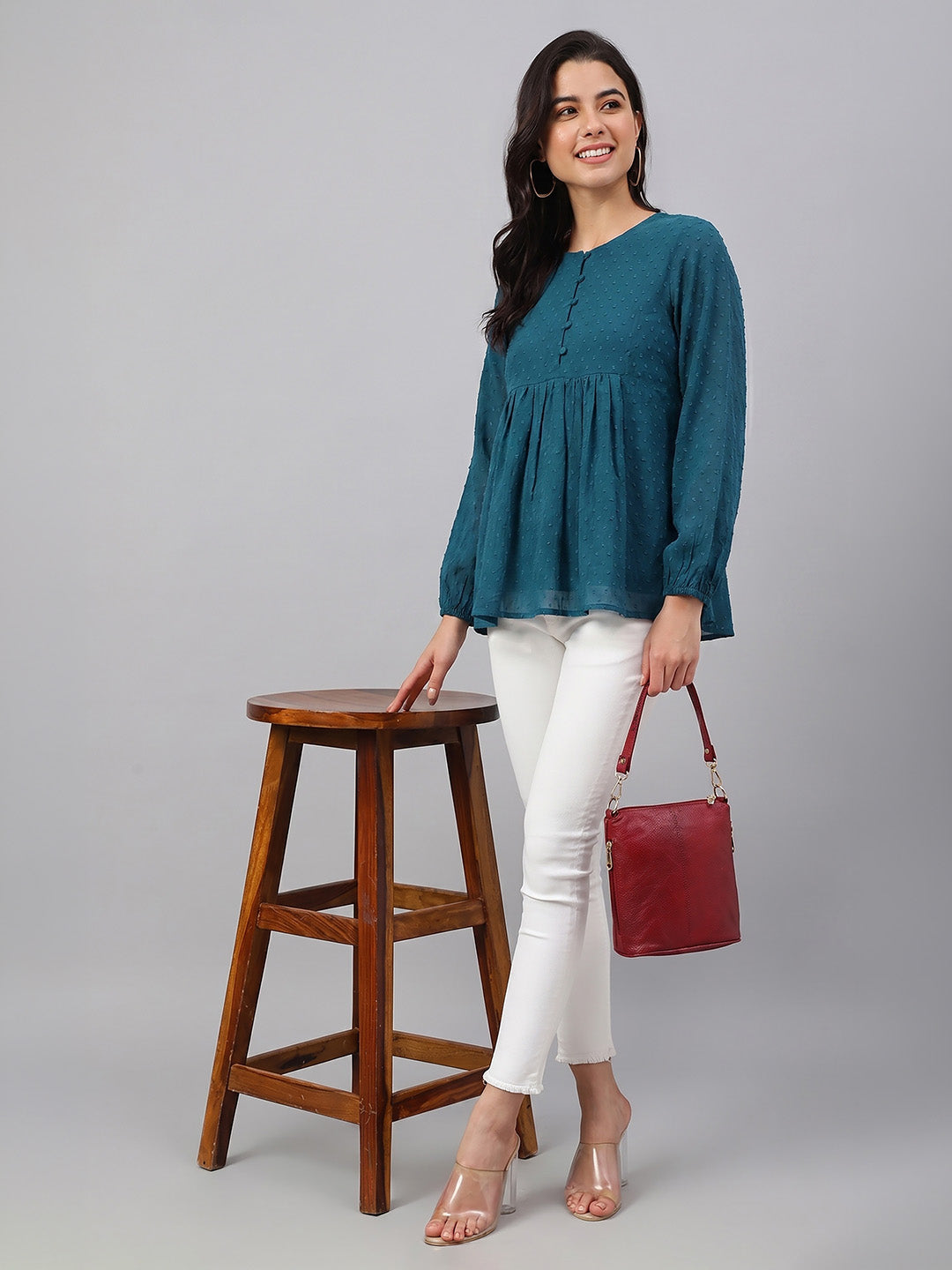 Janasya Teal Gathered Dobby Chiffon Top - Dista