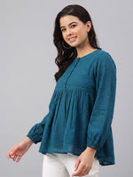 Thumbnail for Janasya Teal Gathered Dobby Chiffon Top - Dista