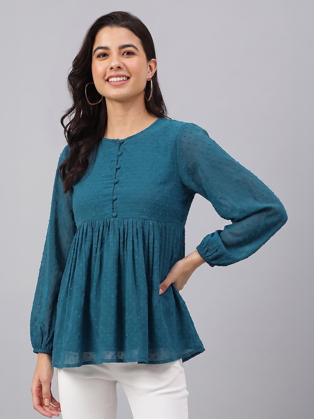 Janasya Teal Gathered Dobby Chiffon Top - Dista