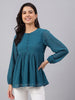 Janasya Teal Gathered Dobby Chiffon Top - Dista