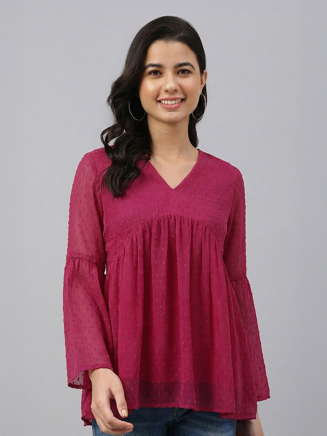 Janasya Pink Gathered Dobby Chiffon Top - Dista