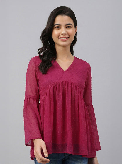Janasya Pink Gathered Dobby Chiffon Top - Dista