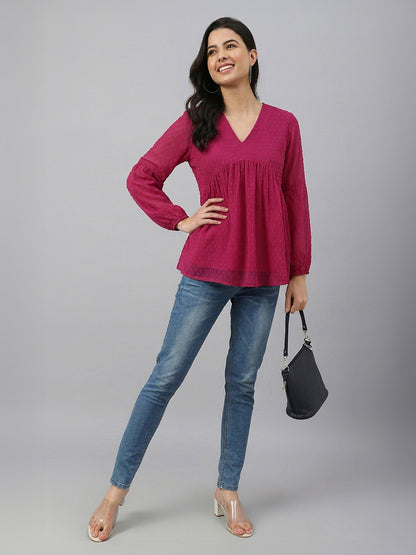 Janasya Pink Gathered Dobby Chiffon Top - Dista