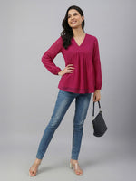 Thumbnail for Janasya Pink Gathered Dobby Chiffon Top - Dista