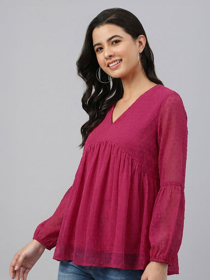 Janasya Pink Gathered Dobby Chiffon Top - Dista