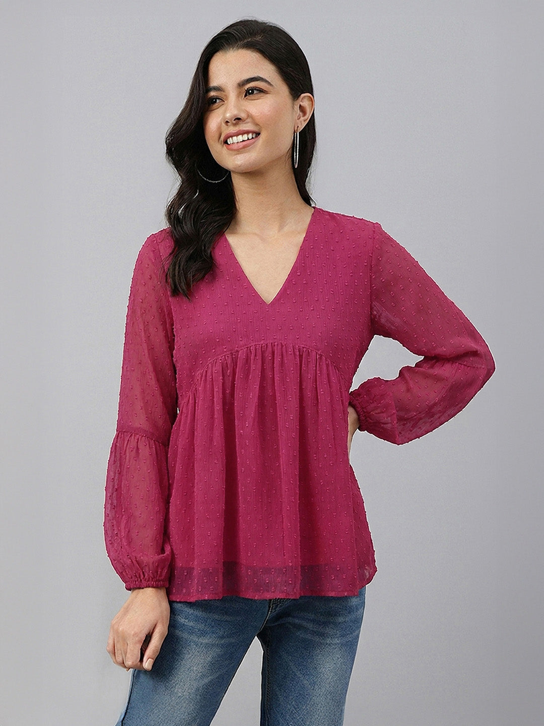 Janasya Pink Gathered Dobby Chiffon Top - Dista