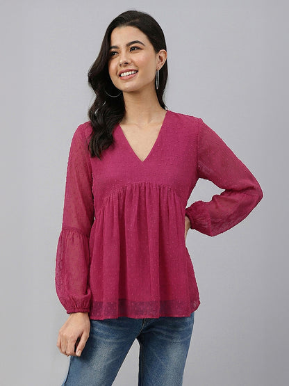 Janasya Pink Gathered Dobby Chiffon Top - Dista