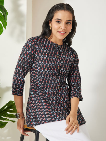 Janasya Black A-Line Cotton Top - Dista