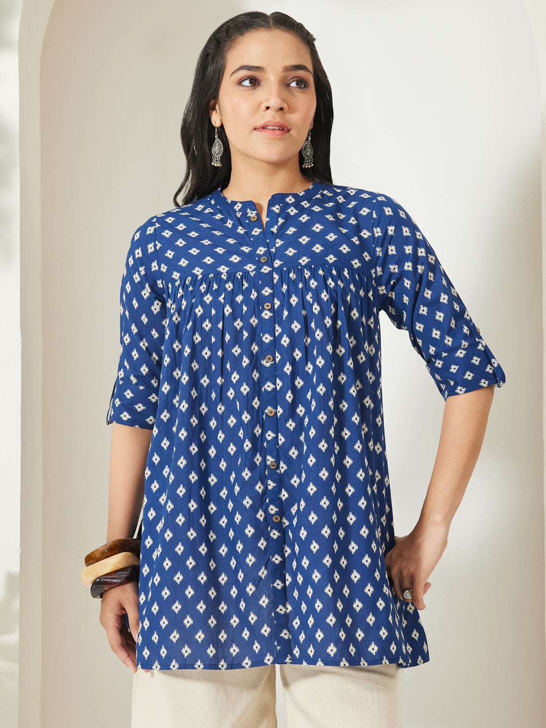 Janasya Navy Blue A-Line Cotton Top - Dista
