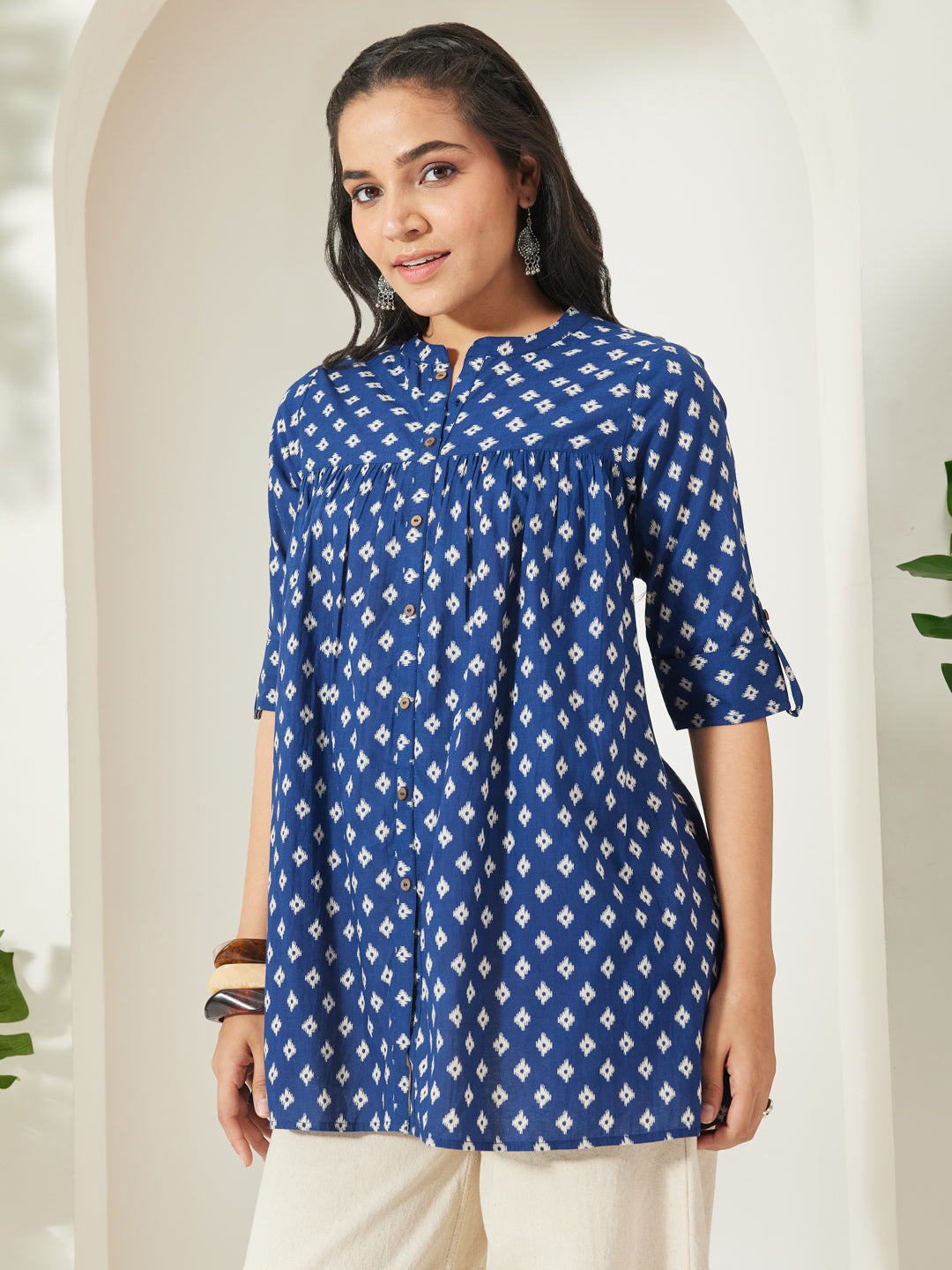 Janasya Navy Blue A-Line Cotton Top - Dista